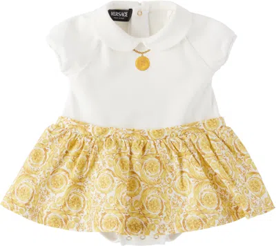VERSACE BABY WHITE & YELLOW BAROCCO ALLOVER T-SHIRT DRESS