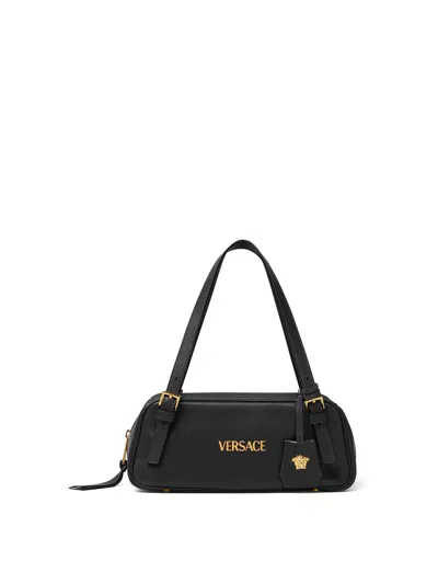 Versace Tag Bowling Black Shoulder Bag With Metallic Logo Lettering And Medusa Head Pendant In Leather Woman