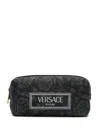 Versace Embroidered-logo Jacquard Toiletry Bag In Black