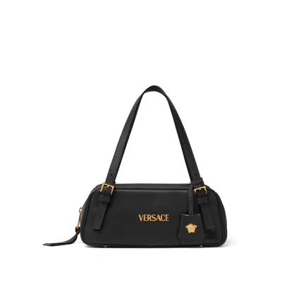 Versace Tag Bowling Black Shoulder Bag With Metallic Logo Lettering And Medusa Head Pendant In Leather Woman