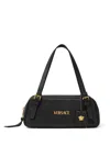 Versace Tag Bowling Black Shoulder Bag With Metallic Logo Lettering And Medusa Head Pendant In Leather Woman In Black