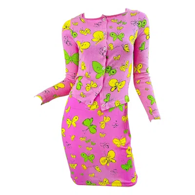 Pre-owned Versace Barbie 1990s Versus Gianni  Bubblegum Pink Beads Butterfly Dress Cardigan