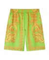 Versace Green And Gold Shorts With All-over Barrocco Print In Silk Man In Green
