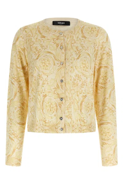 Versace Barocco 92 Floral Knit Crew Cardigan In Yellow