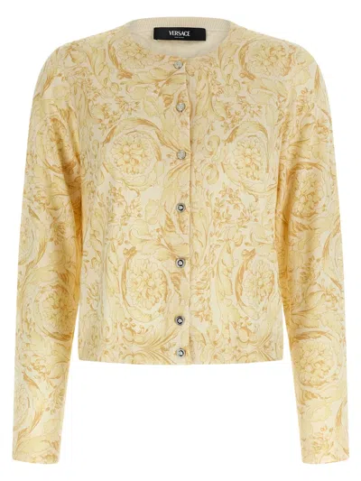 Versace Barocco 92 Print Silk Cardigan In Yellow