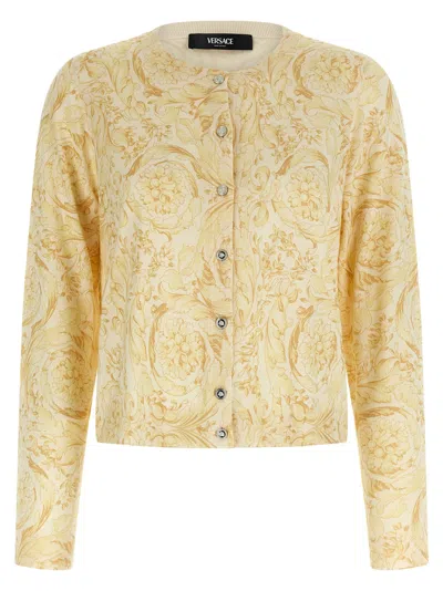 Versace Barocco 92 Print Silk Cardigan In Yellow