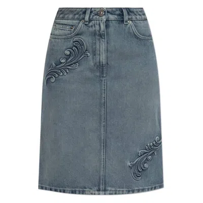 Versace Barocco Denim A-line Midi Skirt In Bleu