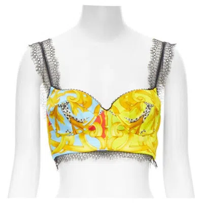 Pre-owned Versace Barocco Acanthus Pop Lace Boned Bustier Bralette Crop Top Xs It38 In Gray