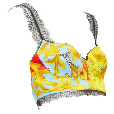 Versace Barocco Acanthus Pop Print Lace Trim Boned Bustier Bra Top It38 Xs In Yellow