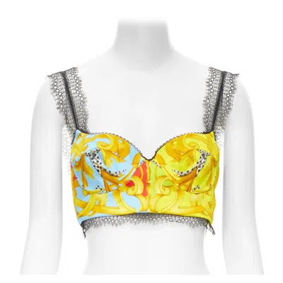 Pre-owned Versace Barocco Acanthus Pop Print Lace Trim Boned Bustier Bra Top It40 S In Gray