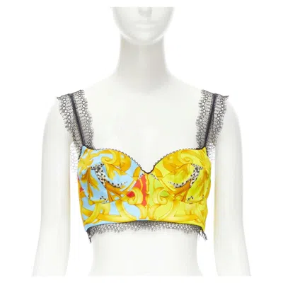 Pre-owned Versace Barocco Acanthus Pop Print Lace Trim Boned Bustier Bra Top It40 S In Gray