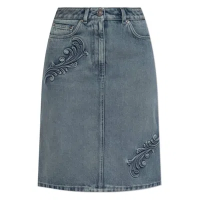 Versace Barocco A-line Midi Denim Skirt In Brown
