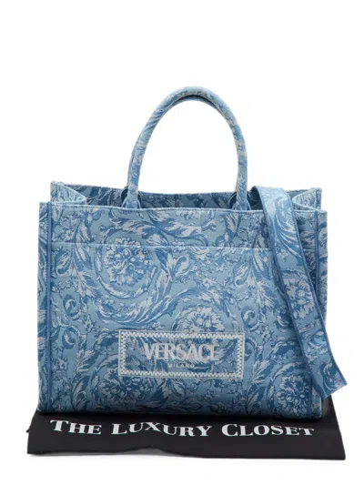 Pre-owned Versace Barocco Athena Jacquard Tote Bag In Blue