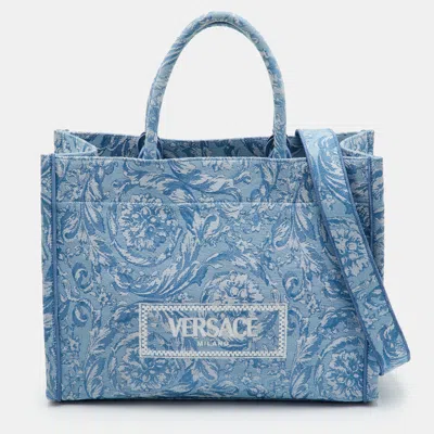 Pre-owned Versace Barocco Athena Large Blue/white Jacquard Canvas Tote