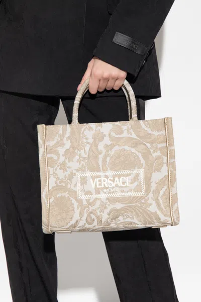 Versace Embroidered Jacquard Barocco And Calf Leather Medium Tote In Beige