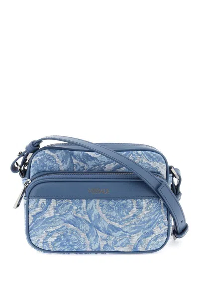 Versace Barocco Athena Zip-up Messenger Bag In Baby Blue Gentian Blue Ru (light Blue)