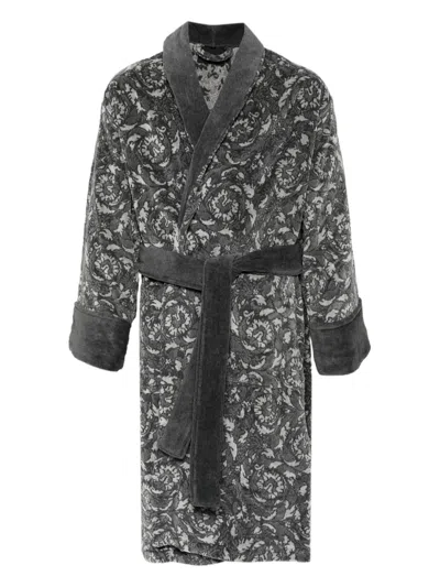 Versace Barocco Belted Bathrobe In Grey