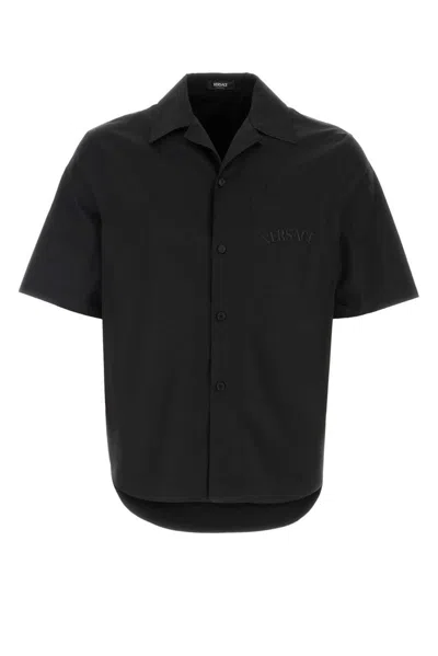 Versace Barocco-printed Short-sleeved Poplin Shirt In Black