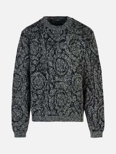 Versace Baroque Tweed Cotton Blend Knit Sweater In Black
