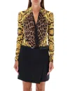 Versace Black & Gold Wild Barocco Silk Draped Bodysuit In Barocco Leo