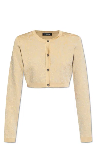 Versace Barocco Button-up Cropped Cardigan In Beige