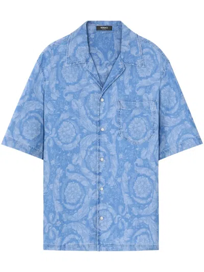 Versace Barocco Print Chambray Denim Shirt In Blue