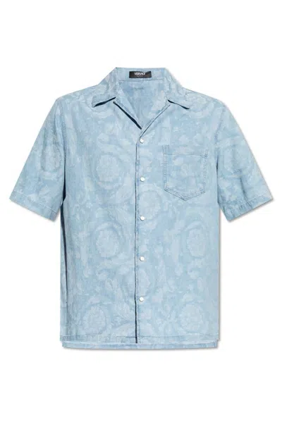 Versace Camp-collar Cotton-chambray Jacquard Shirt In Multi