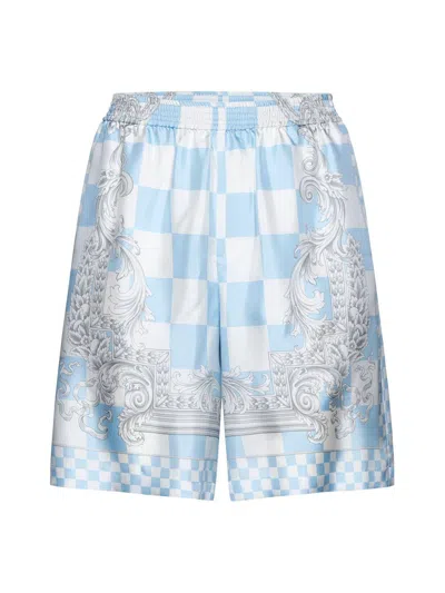 Versace Barocco Check-printed Knee-length Shorts In Pastel Blue White Silver (white)