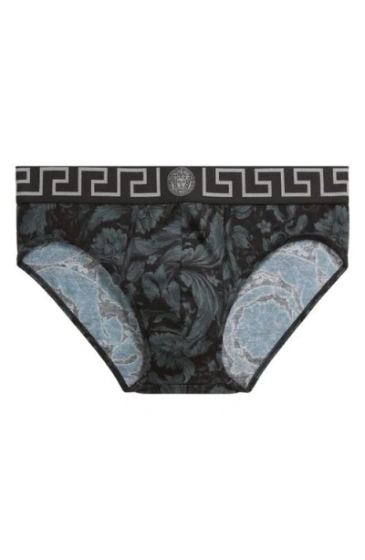 Versace Barocco Cotton Blend Briefs In Black Grey