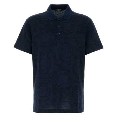 Versace Barocco Cotton Pique Polo Shirt In Blue