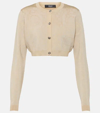 Versace Barocco Cropped Lamé Cardigan In Beige