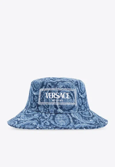 Versace Barocco Denim Bucket Hat In Blue