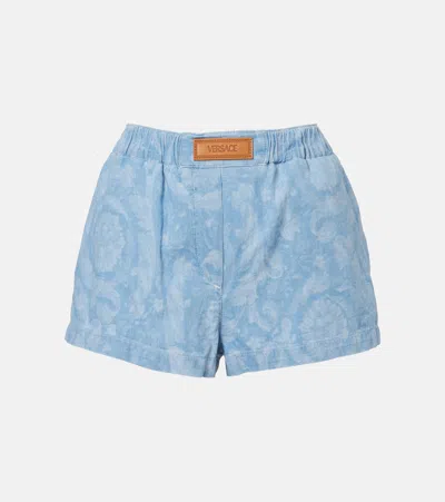 Versace Barocco Denim Chambray Shorts In Blue