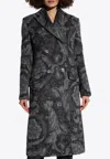 Versace Wool Double-breasted Coat With Barocco Motif In Gray