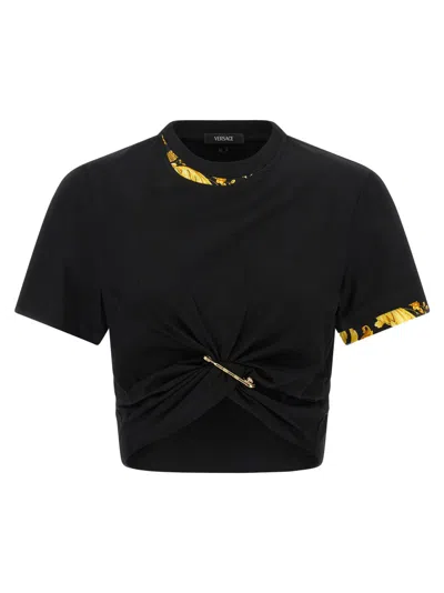 Versace Safety Pin Crop T-shirt With Drawstring Waist In Black
