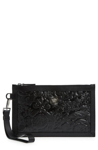 Versace Barocco Embossed Calfskin Leather Zip Pouch In Black-ruthenium
