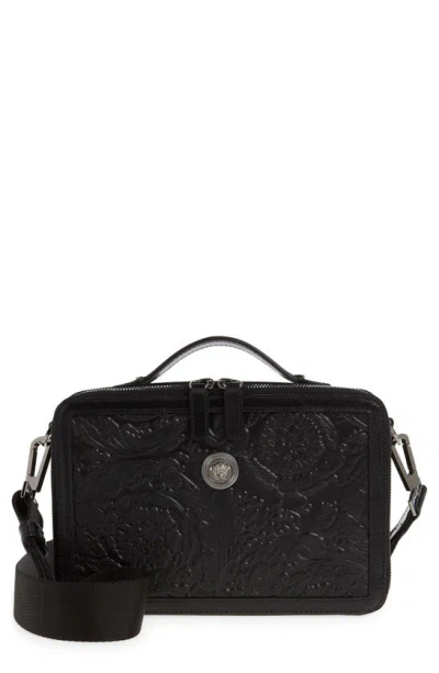 Versace Barocco Embossed Leather Messenger Bag In Black-ruthenium