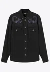 Versace Embroidered Barocco Denim Overshirt In Black
