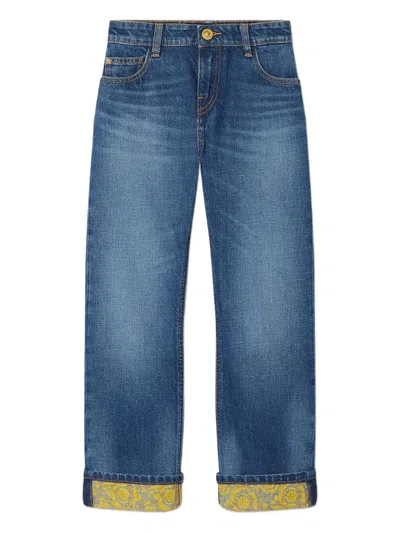 Versace Kids' Barocco-embroidered Jeans In Blue