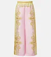 Versace Barocco Foulard Silk Twill Wide-leg Pants In Pink