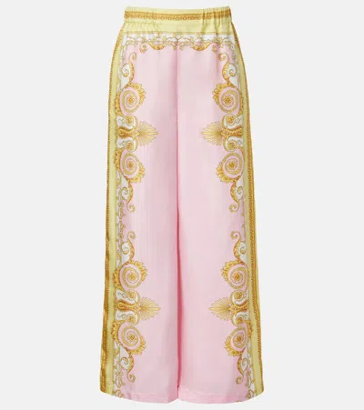 Versace Barocco Foulard Silk Twill Wide-leg Pants In Pink