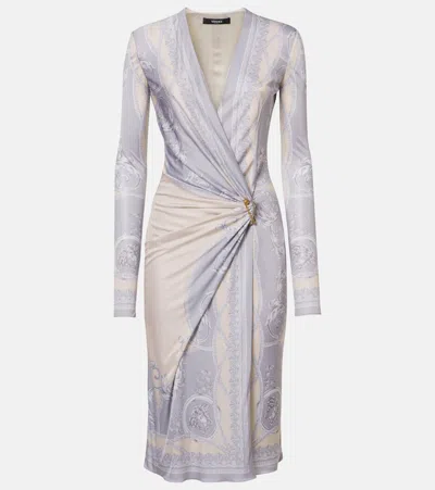 Versace Barocco Gathered Jersey Midi Dress In Grey