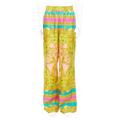 Pre-owned Versace Barocco Goddess 100% Silk Twill Graphic Print Wide Leg Pants Eu50 L In Yellow