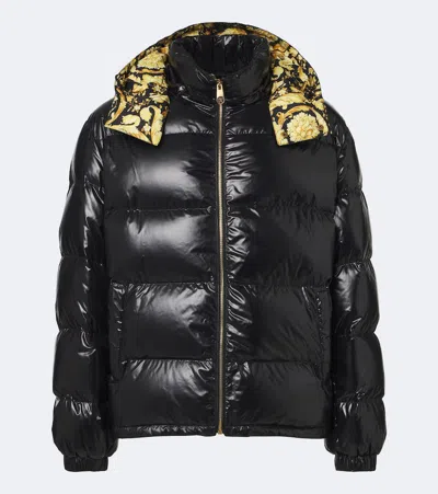 Versace Barocco Hooded Down Jacket In Black