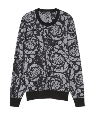 Versace Barocco-intarsia Crew-neck Jumper In Black