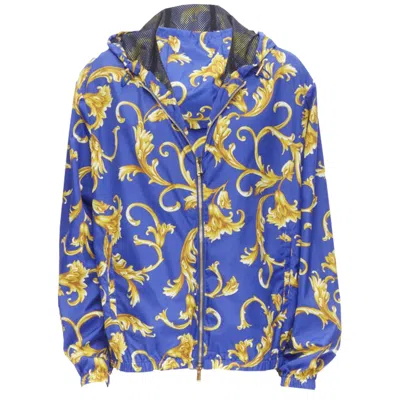 Versace Barocco Istante Print Nylon Windbreaker Jacket In Blue