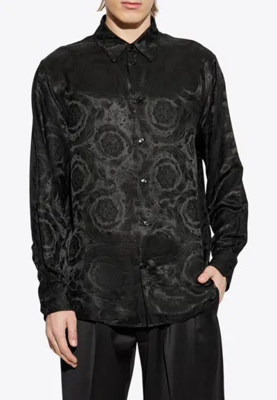 Versace Barocco Jacquard Button-up Shirt In Black