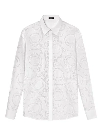 Versace Barocco-jacquard Button-up Shirt In White