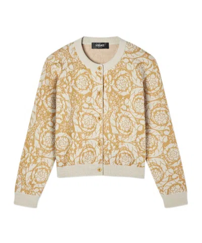 Versace Barocco Jacquard Cardigan In Neutral