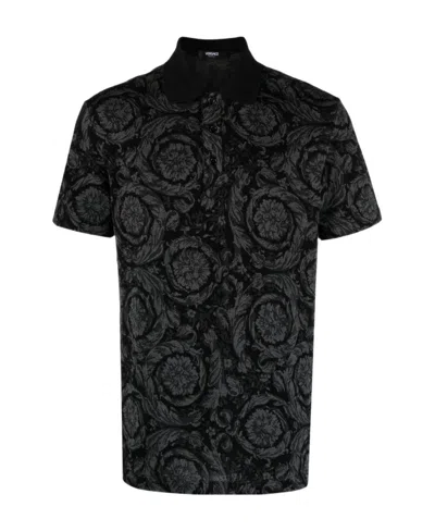Versace Barocco Print Polo T-shirt In Grey